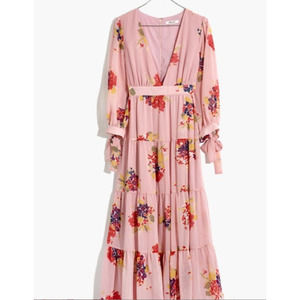 Madewell Floral Tie-Sleeve Tiered Midi Dress Market Pink Bouquet Wisteria 2